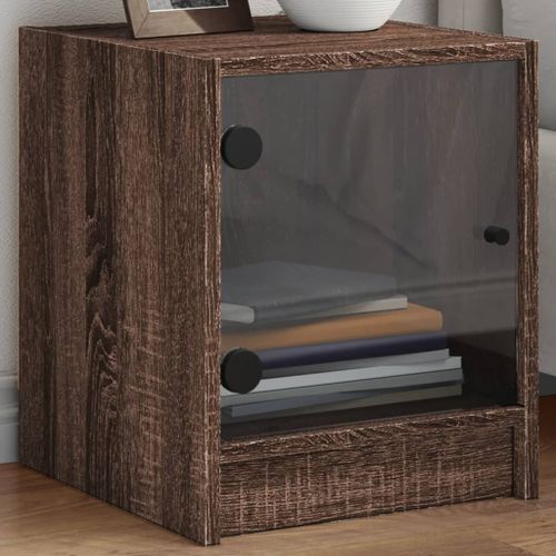 Table de chevet avec porte en verre chêne marron 35x37x42 cm - Photo n°2; ?>