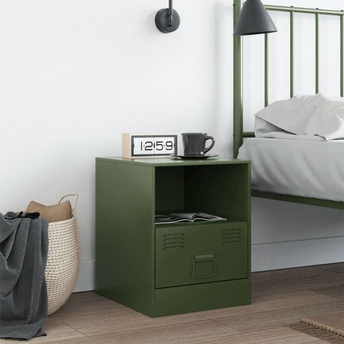 Table de chevet vert olive 34,5x39x44 cm acier - Photo n°3; ?>