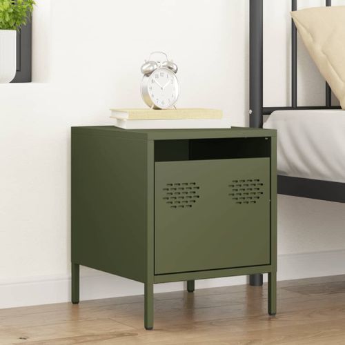 Table de chevet vert olive 35x39x43,5 cm acier - Photo n°3; ?>