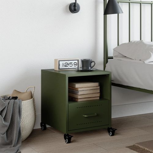 Table de chevet vert olive 36x39x43,5 cm acier - Photo n°3; ?>