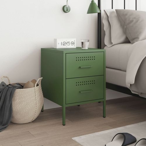 Table de chevet vert olive 36x39x50,5 cm acier - Photo n°3; ?>