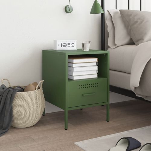 Table de chevet vert olive 36x39x50,5 cm acier laminé à froid - Photo n°3; ?>