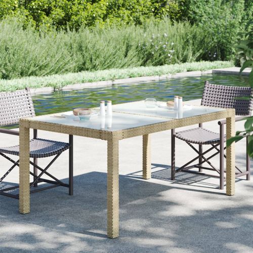 Table de jardin 150x90x75 cm Verre trempé/résine tressée Beige - Photo n°2; ?>