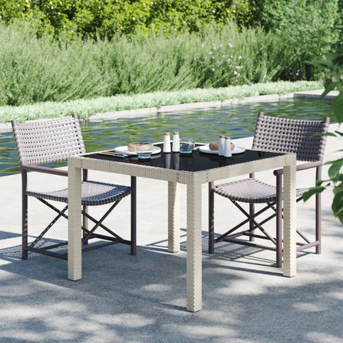 Table de jardin 90x90x75cm Verre trempé et résine tressée Beige - Photo n°2; ?>