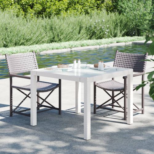 Table de jardin 90x90x75cm Verre trempé et résine tressée Blanc - Photo n°2; ?>