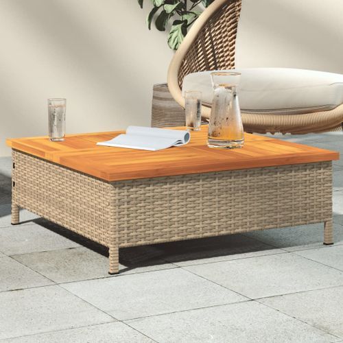 Table de jardin beige 70x70x25 cm résine tressée et bois acacia - Photo n°2; ?>