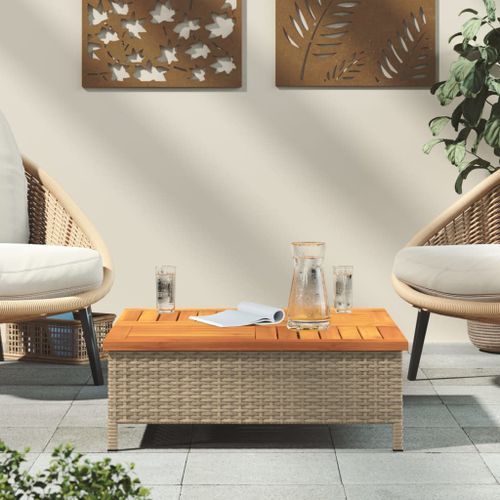 Table de jardin beige 70x70x25 cm résine tressée et bois acacia - Photo n°3; ?>