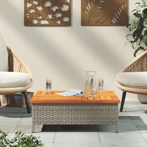 Table de jardin gris 70x70x25 cm résine tressée et bois acacia - Photo n°3; ?>