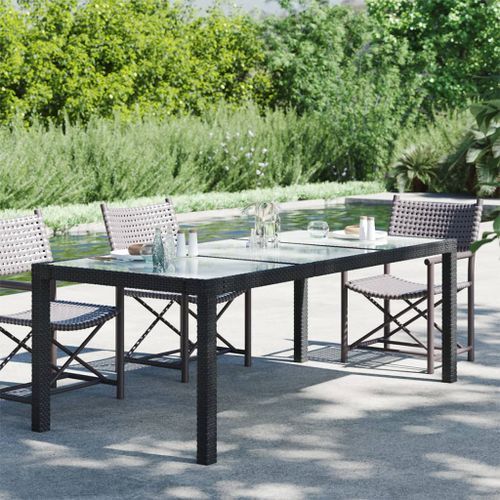 Table de jardin Noir 190x90x75 cm Verre trempé/résine tressée 2 - Photo n°2; ?>