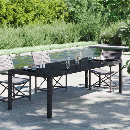 Table de jardin Noir 250x100x75 cm Verre trempé et poly rotin 2 - Photo n°2; ?>