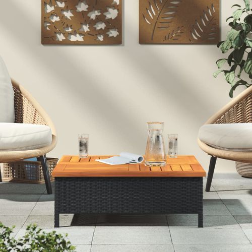 Table de jardin noir 70x70x25 cm résine tressée et bois acacia - Photo n°3; ?>