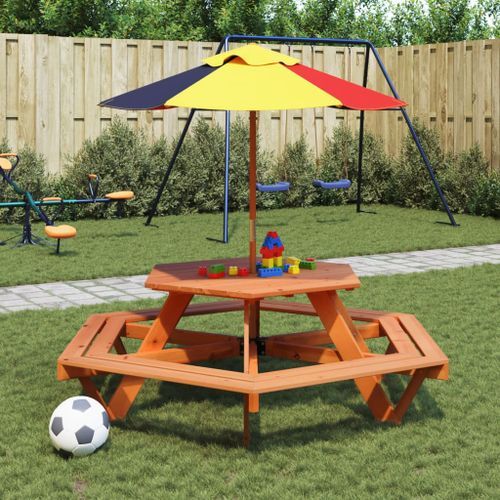 Table de pique-nique pour 6 enfants avec bancs hexagonal sapin - Photo n°3; ?>