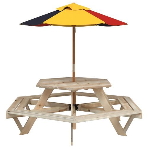 Table de pique-nique pour 6 enfants avec parasol hexagone sapin - Photo n°2; ?>