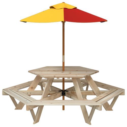 Table de pique-nique pour 6 enfants avec parasol hexagone sapin - Photo n°3; ?>