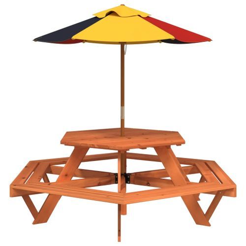 Table de pique-nique pour 6 enfants avec parasol hexagone sapin - Photo n°2; ?>