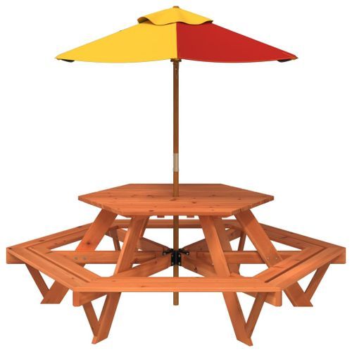 Table de pique-nique pour 6 enfants avec parasol hexagone sapin - Photo n°3; ?>