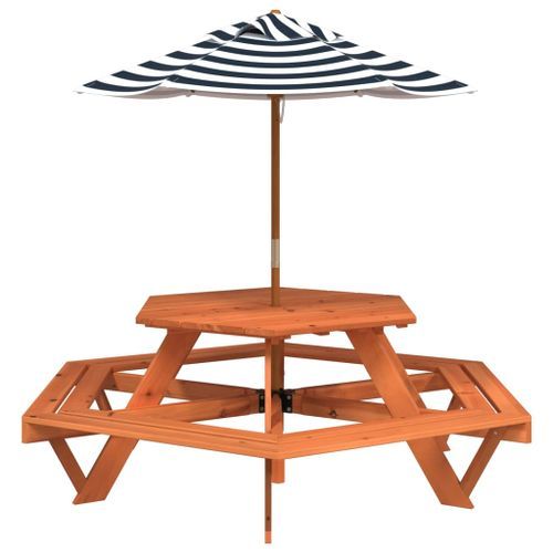 Table de pique-nique pour 6 enfants avec parasol hexagone sapin - Photo n°2; ?>