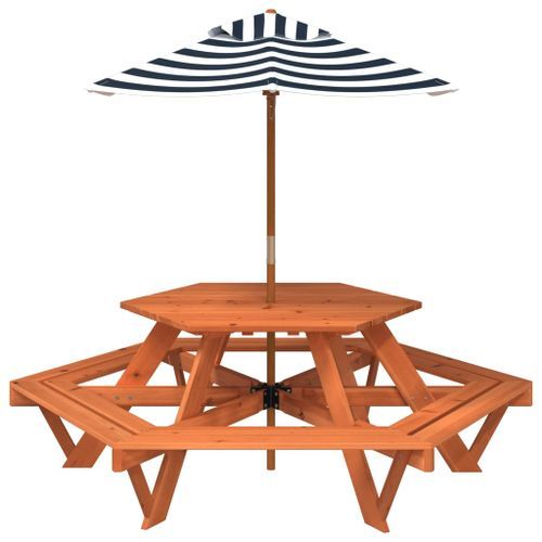 Table de pique-nique pour 6 enfants avec parasol hexagone sapin - Photo n°3; ?>