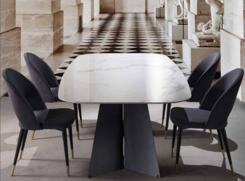 Table de repas design en céramique de marbre blanc de Carrare et pieds métal noir Empereur - Photo n°2; ?>