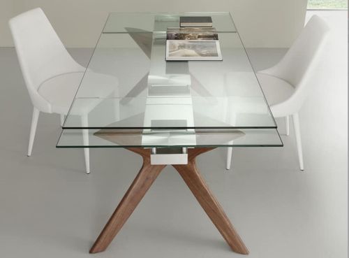 Table de repas extensible 160/240 cm plateau en verre et piétement bois massif noyer Ladyane - Photo n°2; ?>