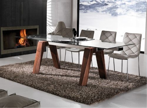 Table de repas extensible Karone 160/240 cm - Plateau en verre et piétement bois massif de noyer - Photo n°2; ?>