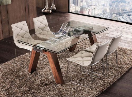 Table de repas extensible Karone 160/240 cm - Plateau en verre et piétement bois massif de noyer - Photo n°3; ?>