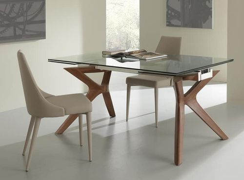 Table de repas extensible Ladyane 160/240 cm - Plateau en verre et piétement bois massif noyer - Photo n°2; ?>