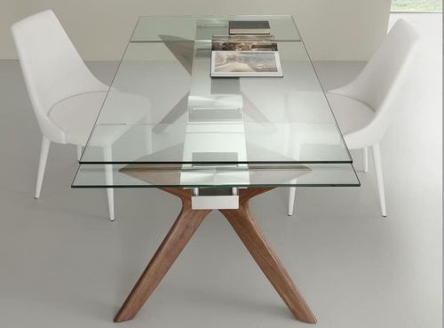 Table de repas extensible Ladyane 160/240 cm - Plateau en verre et piétement bois massif noyer - Photo n°3; ?>