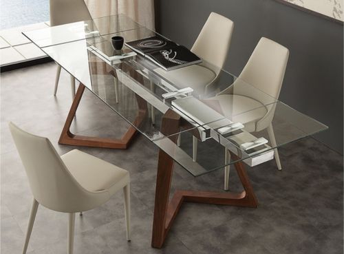 Table de repas extensible plateau en verre et piétement bois massif noyer Kudane - Photo n°2; ?>