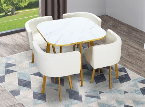 Table effet marbre blanc et 4 chaises simili cuir pieds métal doré Manda - Photo n°2; ?>