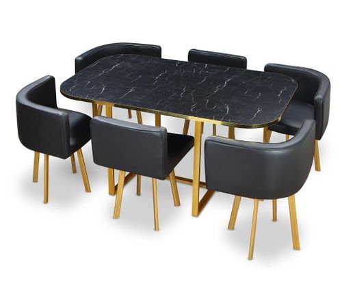 Table effet marbre et 6 chaises simili cuir noir pieds métal doré Manda - Photo n°2; ?>
