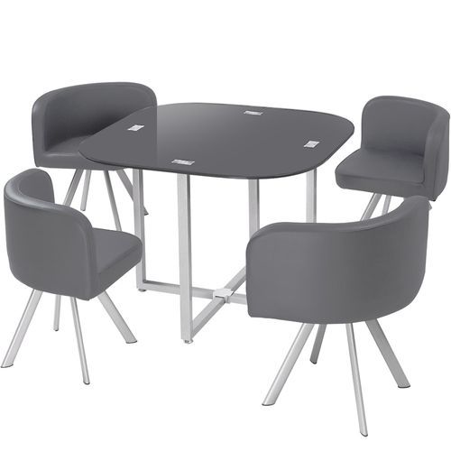 Table et 4 chaises verre gris et pieds métal chromé Mozza - Photo n°2; ?>