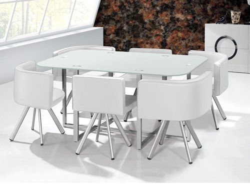 Table et 6 chaises verre blanc et pieds métal chromé Mozza - Photo n°3; ?>