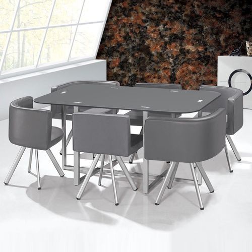 Table et 6 chaises verre gris et pieds métal chromé Mozza - Photo n°2; ?>