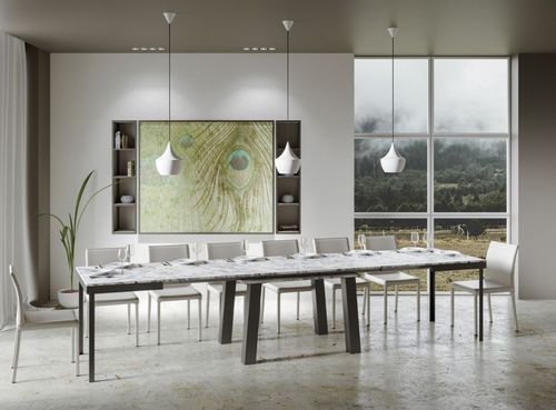 Table extensible 8 à 20 places L 180 à 440 cm effet marbre blanc et cadre métal anthracite Bidy - Photo n°3; ?>