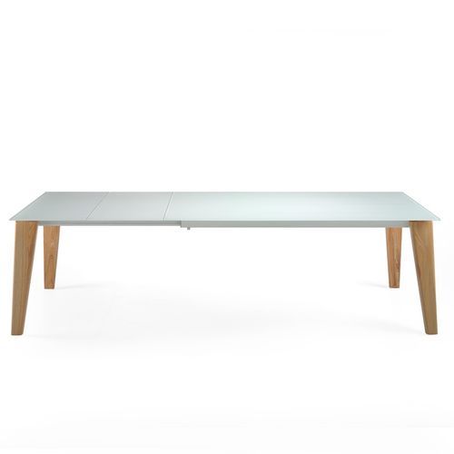Table extensible plateau verre trempé blanc et pieds bois massif clair Myral - Photo n°3; ?>