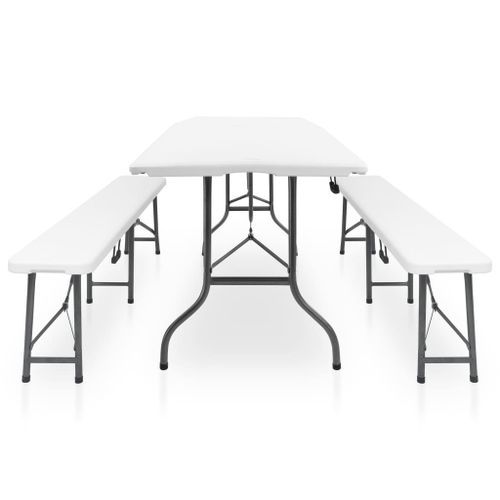 Table pliable de jardin avec 2 bancs 180 cm Acier et PEHD Blanc - Photo n°3; ?>
