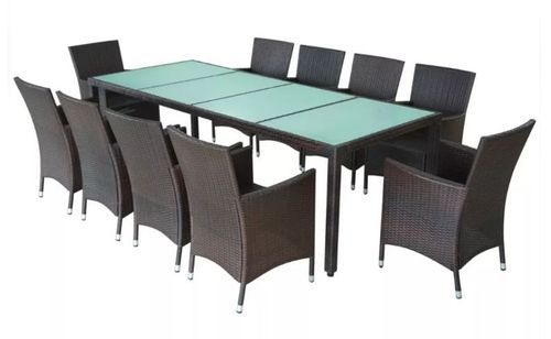 Table rectangulaire avec 10 chaises de jardin résine tressée marron Mik - Photo n°3; ?>