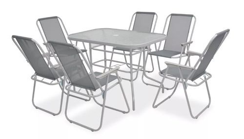 Table rectangulaire avec parasol et 6 chaises de jardin métal gris Castle - Photo n°2; ?>