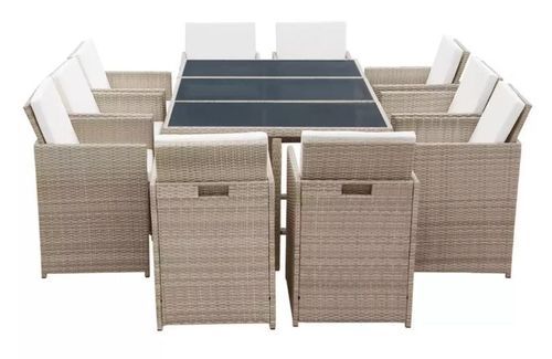 Table rectangulaire et 10 chaises de jardin résine tressée beige Iris - Photo n°3; ?>