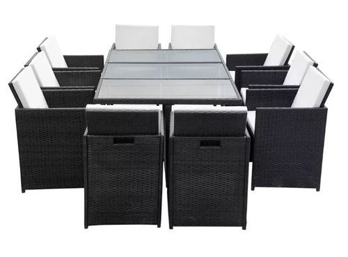 Table rectangulaire et 10 chaises de jardin résine tressée noir Iris 2 - Photo n°3; ?>