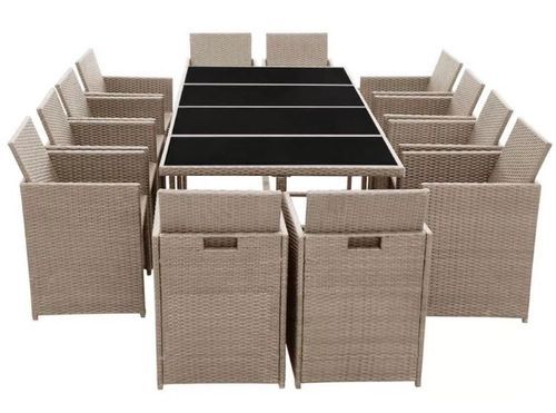 Table rectangulaire et 12 chaises de jardin résine tressée beige Iris - Photo n°3; ?>