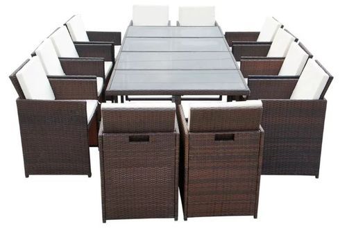 Table rectangulaire et 12 chaises de jardin résine tressée marron Iris - Photo n°3; ?>