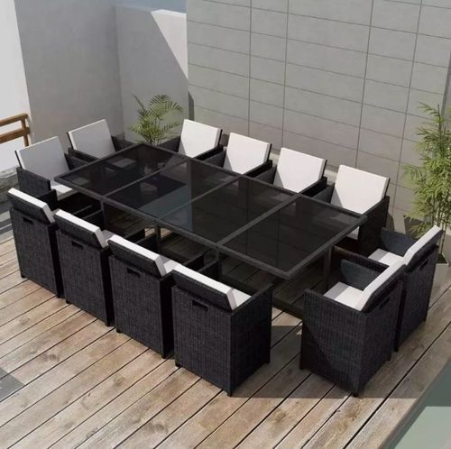 Table rectangulaire et 12 chaises de jardin résine tressée noir Iris 2 - Photo n°2; ?>