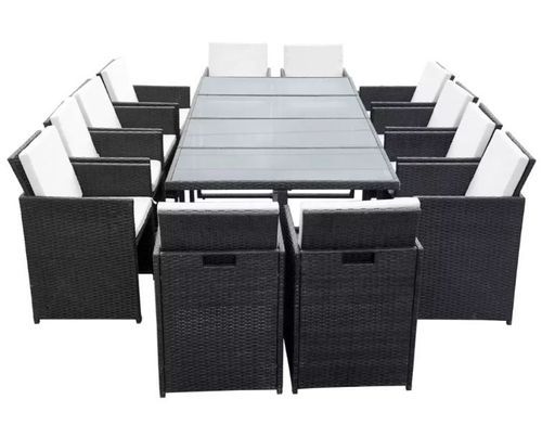 Table rectangulaire et 12 chaises de jardin résine tressée noir Iris 2 - Photo n°3; ?>