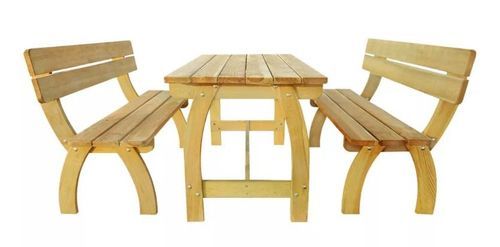Table rectangulaire et 2 bancs de jardin pin massif clair Stylie - Photo n°2; ?>