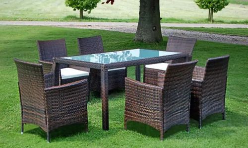 Table rectangulaire et 6 chaises de jardin résine tressée marron Mik - Photo n°2; ?>
