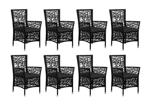 Table rectangulaire et 8 chaises de jardin résine tressée noir coussins gris Kaila - Photo n°3; ?>