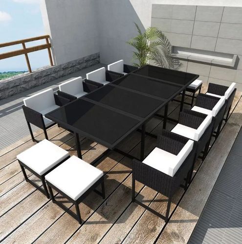 Table rectangulaire et 8 chaises de jardin résine tressée noir et coussins blanc Malm - Photo n°2; ?>