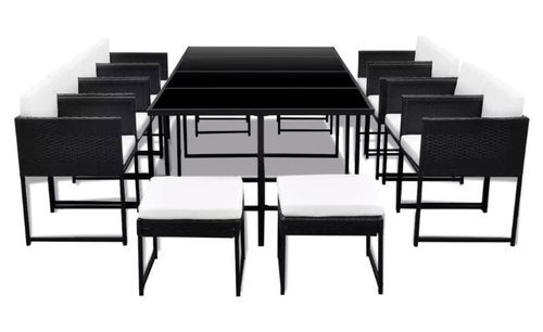 Table rectangulaire et 8 chaises de jardin résine tressée noir et coussins blanc Malm - Photo n°3; ?>